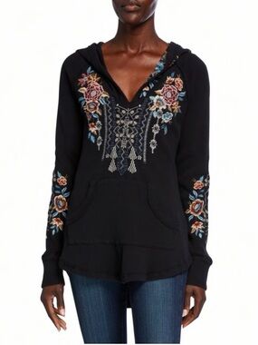 Johnny Was JW Los Angeles Floral Embroidered Thermal Hoodie Waffle Knit Boho L